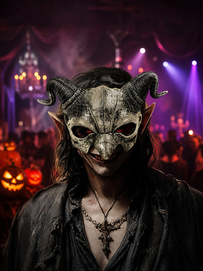 Textured off-white horned demon half mask with pointed ears and dark eye openings, shown on a model at a Halloween party