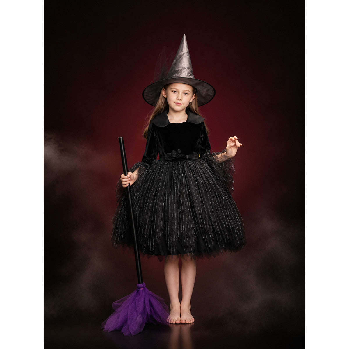 Women's Witch Costume Dress, Black Long Sleeve Layered Halloween Outfit main product view