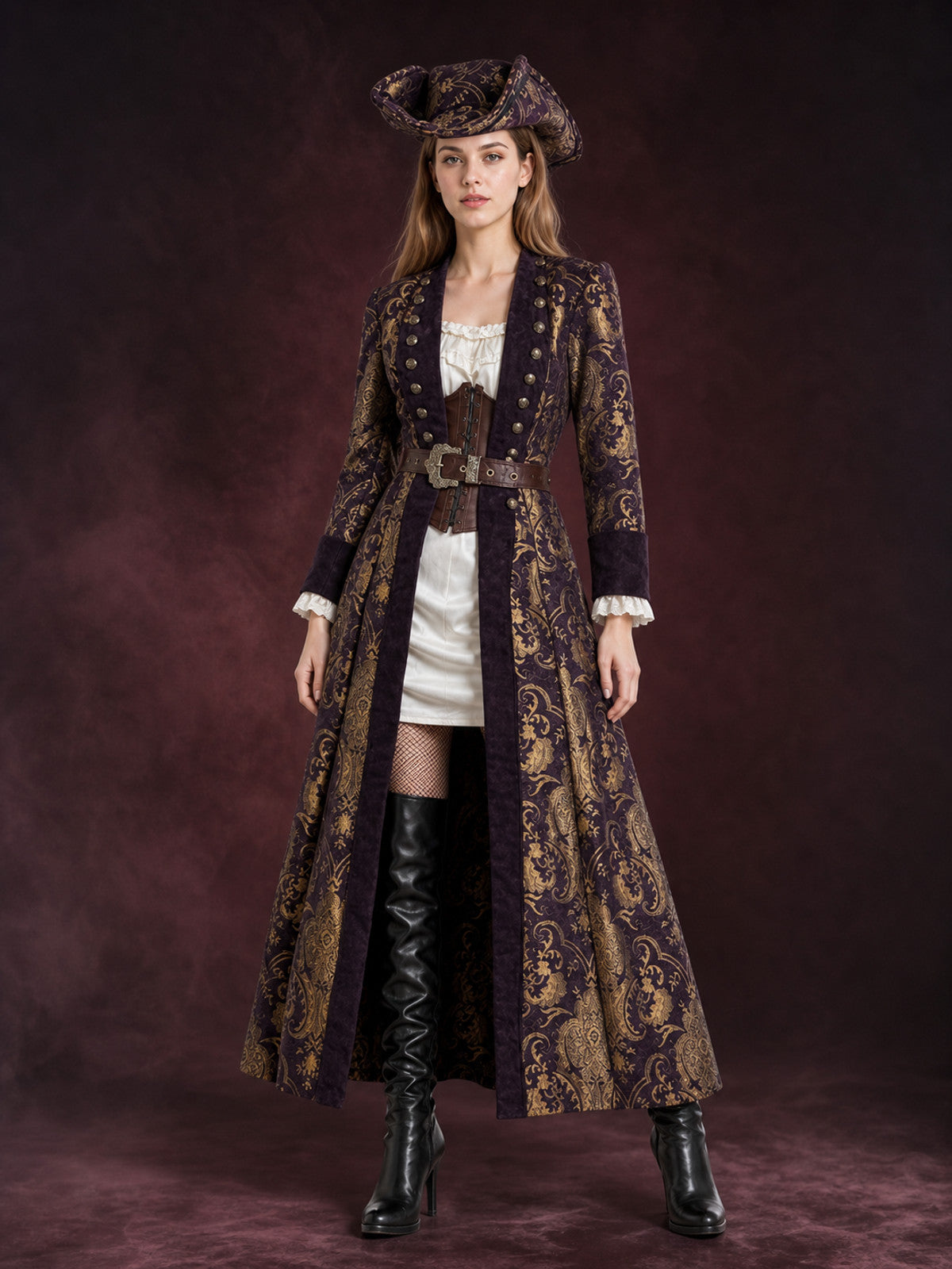 Adult Pirate Costume Set, Dark Purple And Gold Long Coat With Tricorn Hat, Waist main product view