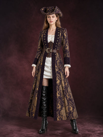 Adult Pirate Costume Set, Dark Purple And Gold Long Coat With Tricorn Hat, Waist main product view