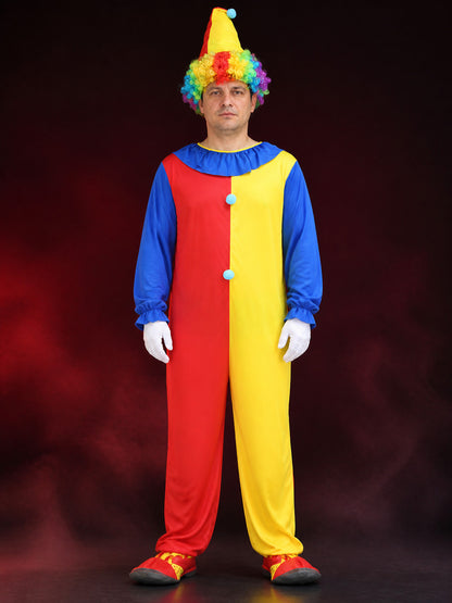 Halloween Adult Unisex Clown Costume Set with Red-Yellow Jumpsuit and Hat