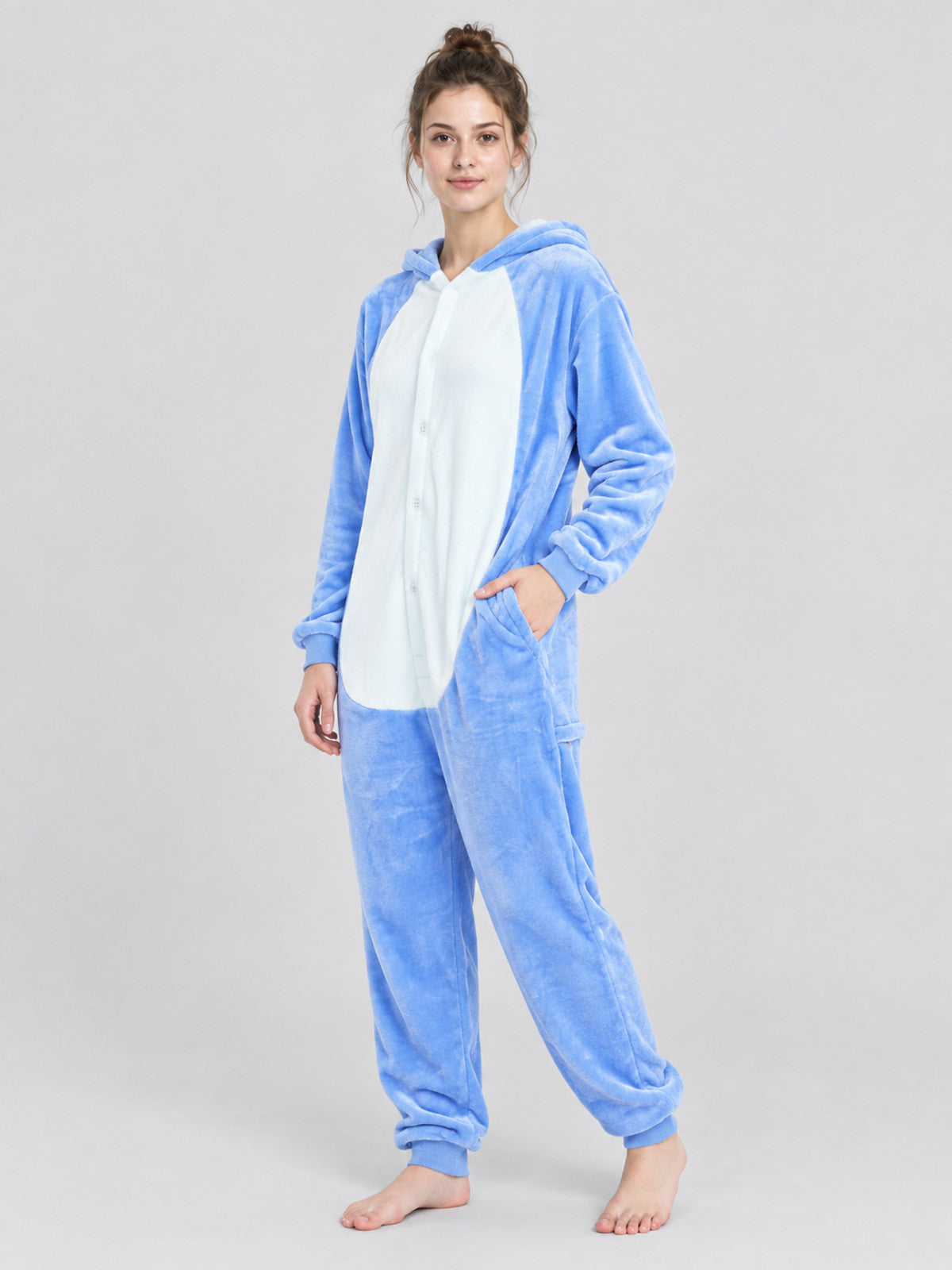 Blue hooded pajama jumpsuit with snap buttons
