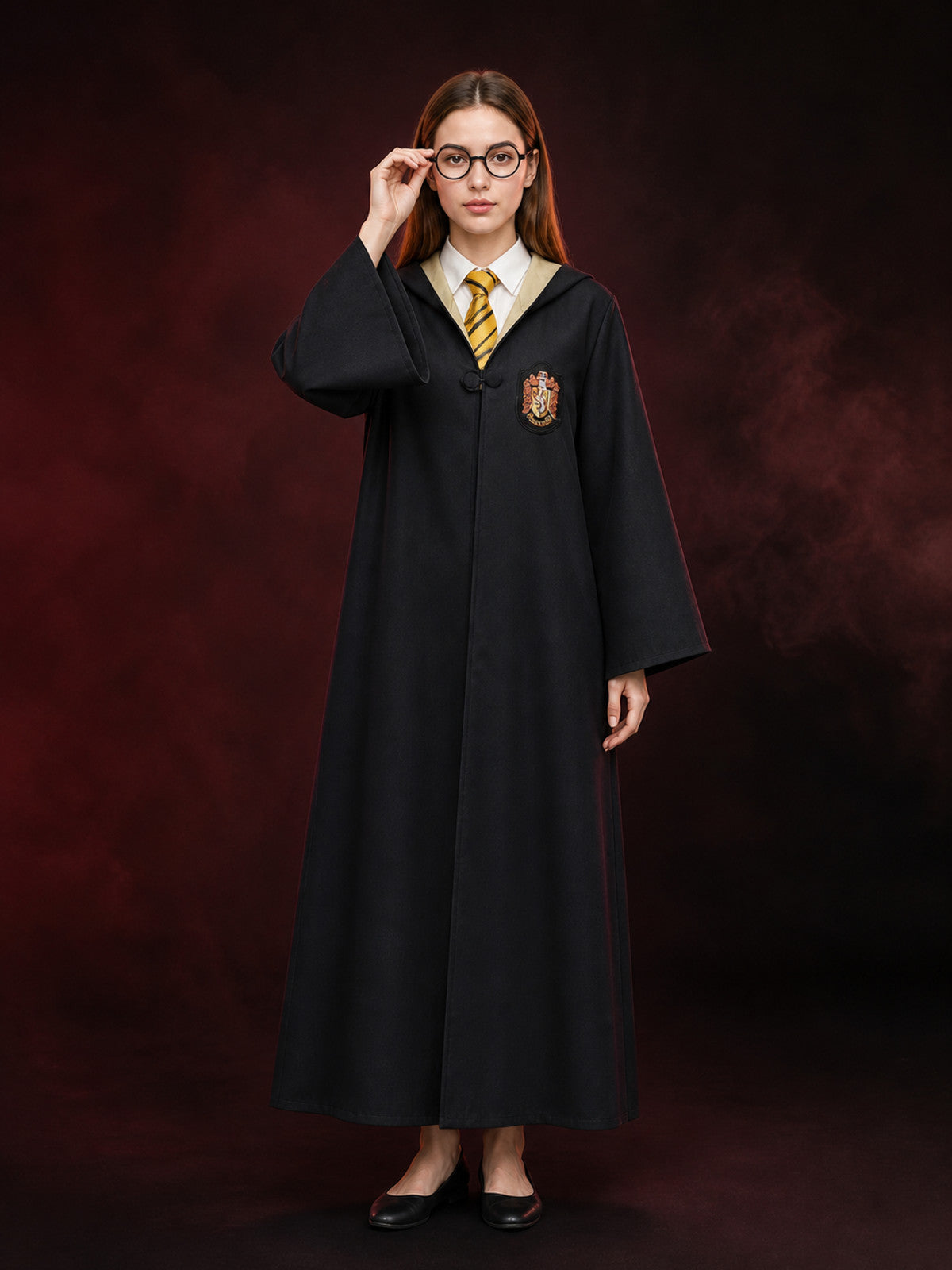 Wizard Costume Set, Hooded Black Robe with Round Glasses and Striped Tie