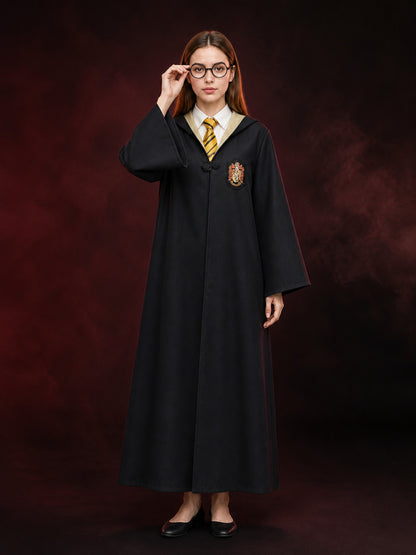 Wizard Costume Set, Hooded Black Robe with Round Glasses and Striped Tie