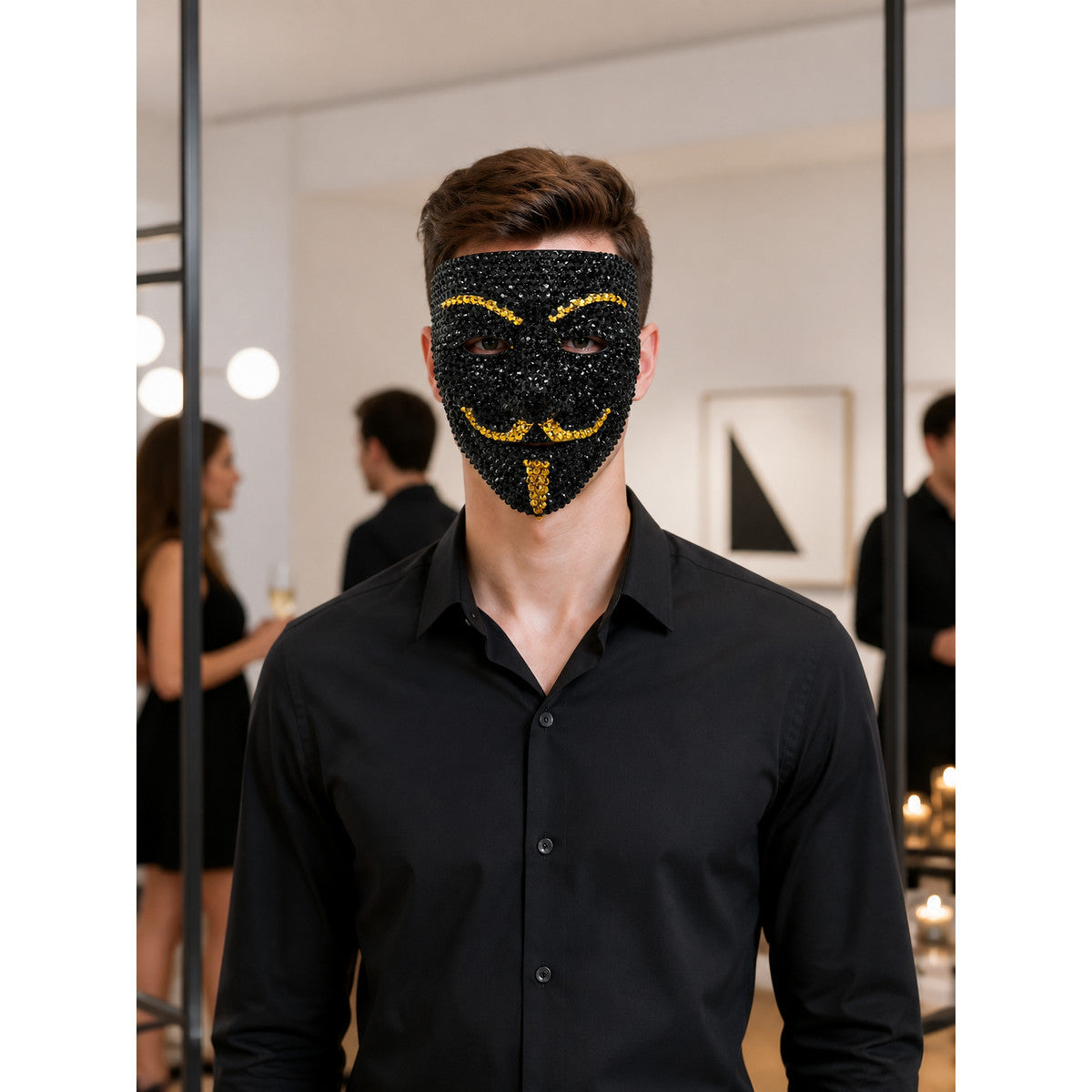 Black and Gold Carnival Mask for Halloween and Cosplay lifestyle view