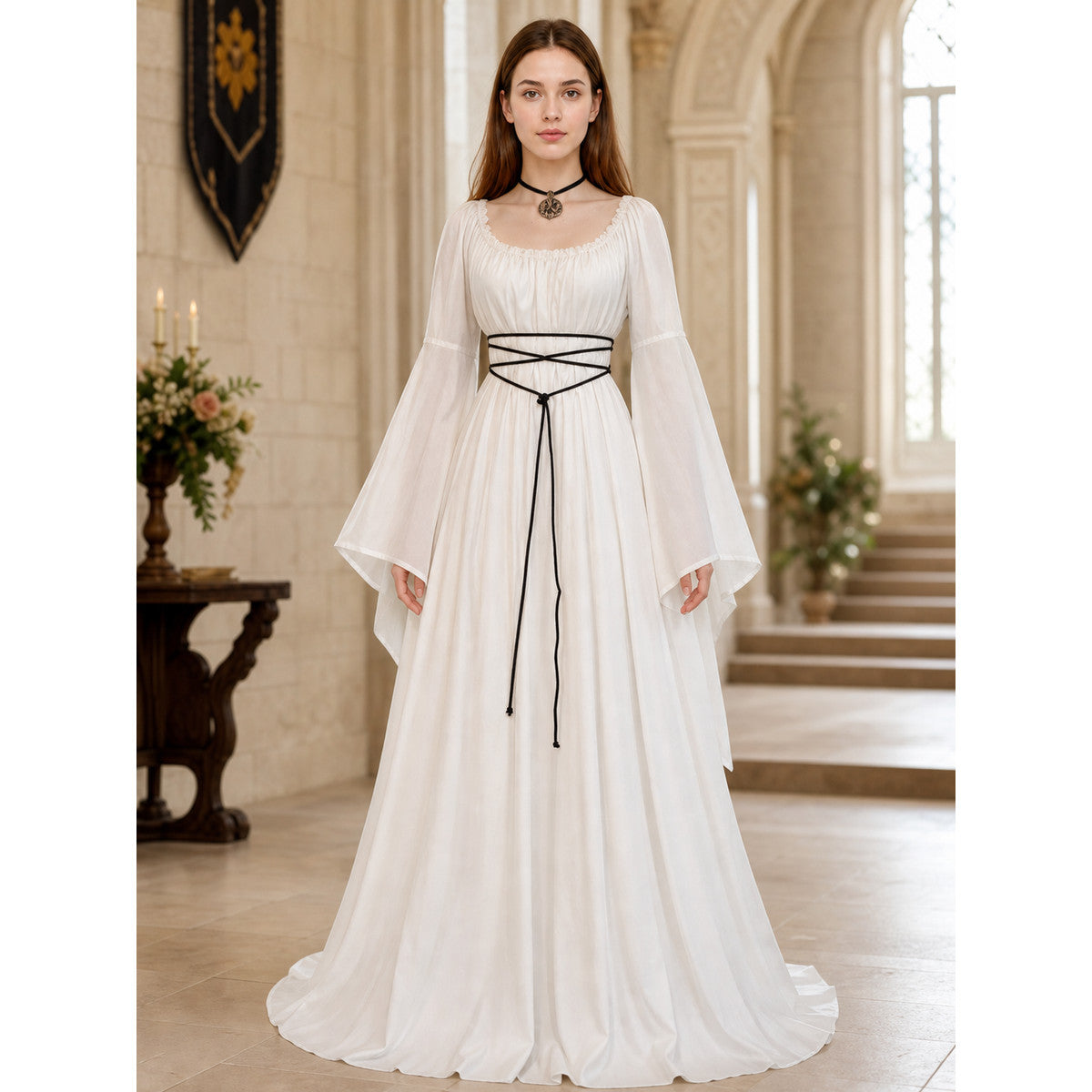 White Long Dress with Black Lacing