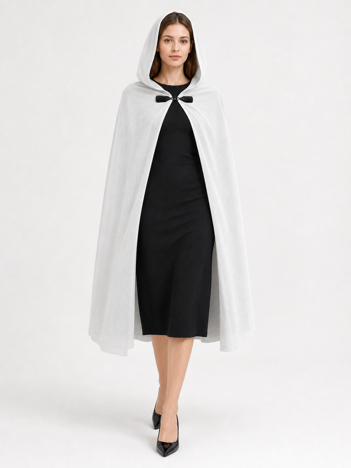 Medieval White Velvet Hooded Long Cloak Cape with Black Bow Tie Front Flared Hem