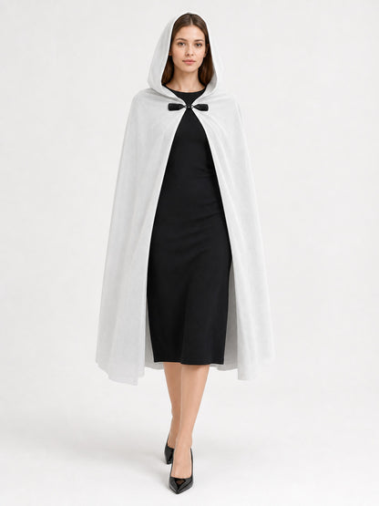 Medieval White Velvet Hooded Long Cloak Cape with Black Bow Tie Front Flared Hem