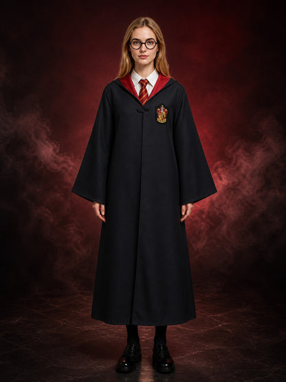 Academy Wizard Robe Costume Set, Hooded Black Cloak With Tie And Round Glasses