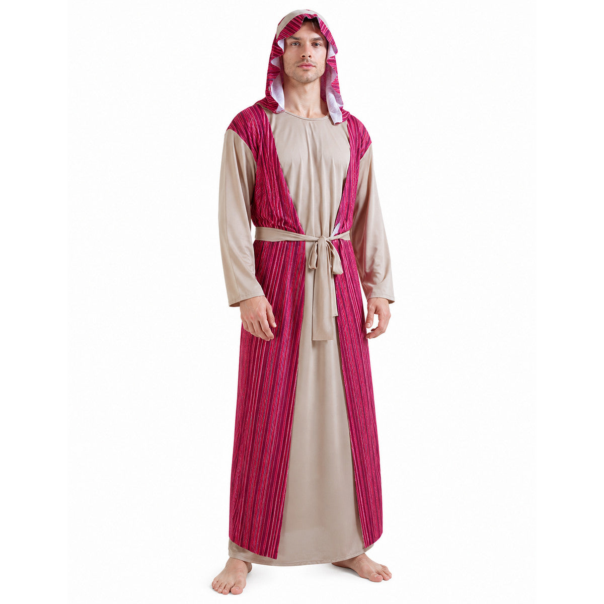 Hooded Halloween Cloak, Beige with Burgundy Stripes lifestyle