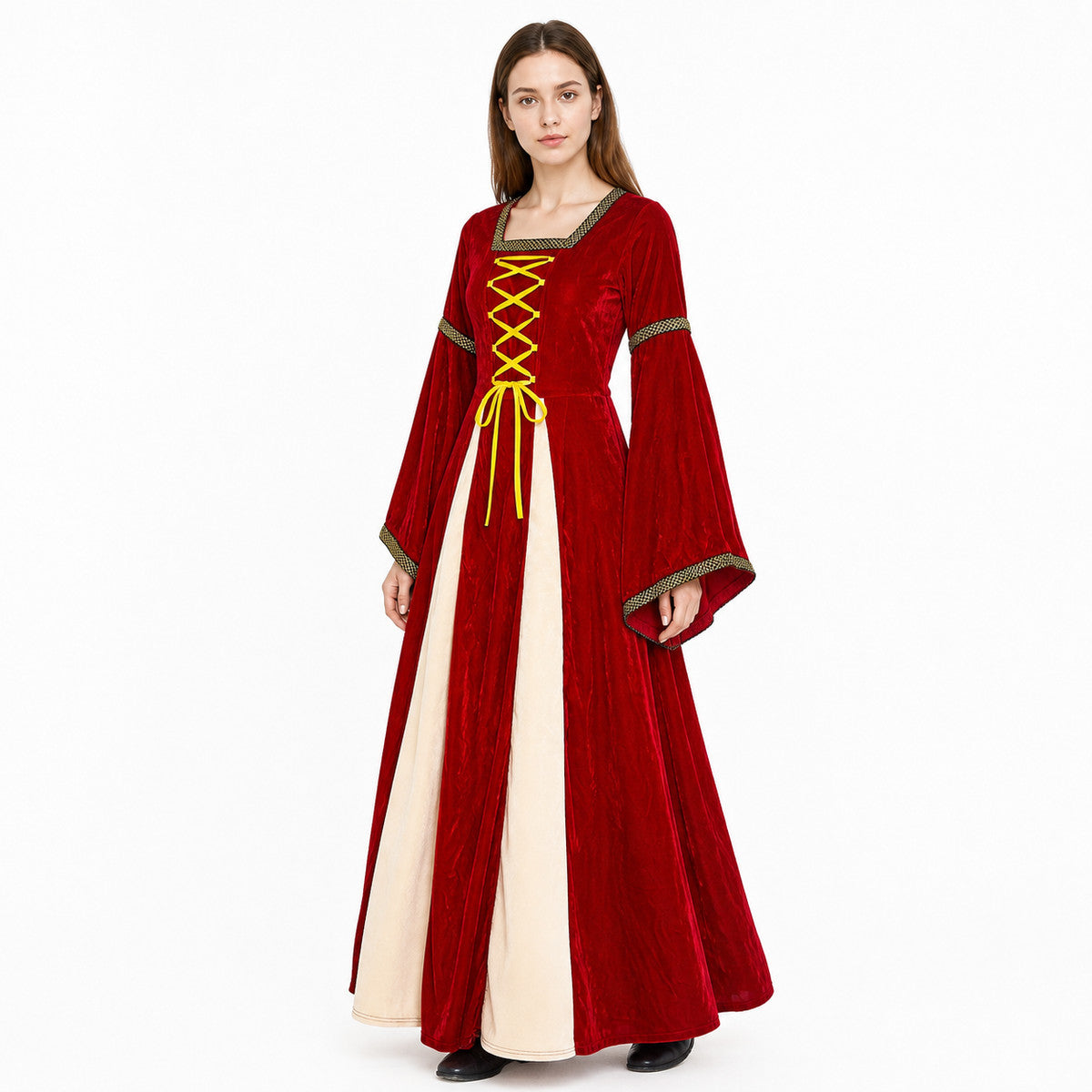 Medieval Dress with Wide Sleeves and Gold Trim
