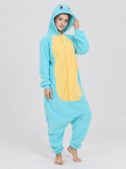 Turquoise-Yellow Hooded Pajama Jumpsuit with Face Detail