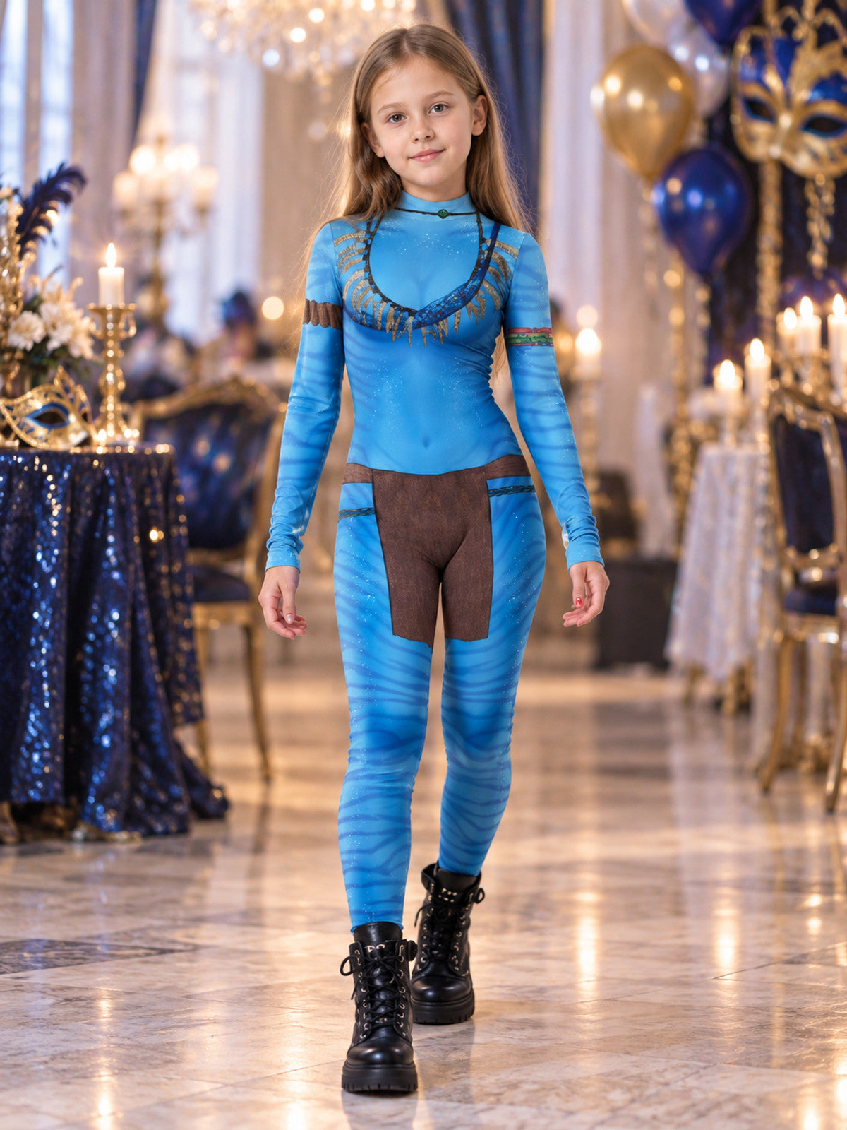Blue Fitted Printed Cosplay Jumpsuit Costume