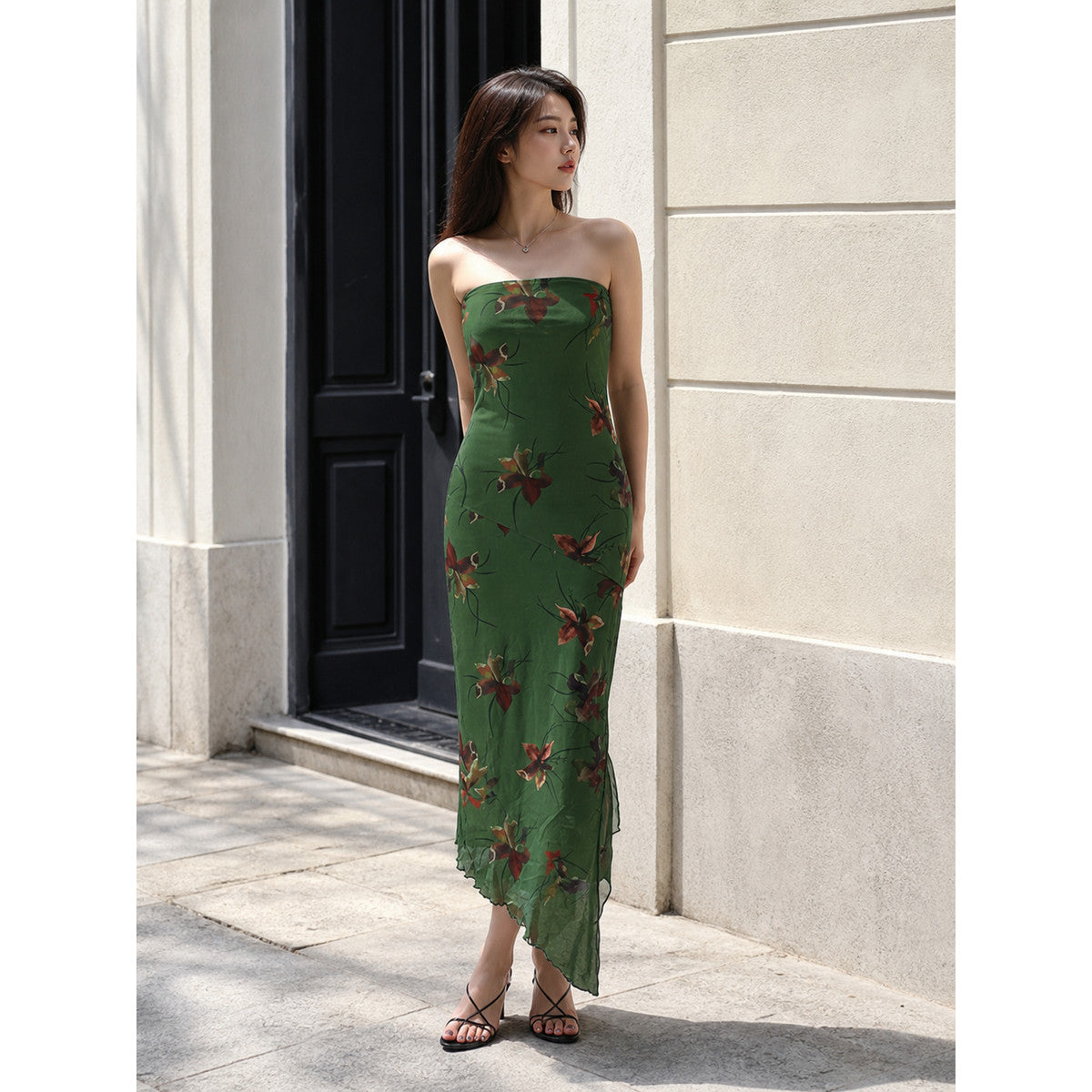 Women's Long Strapless Dress with Floral Print