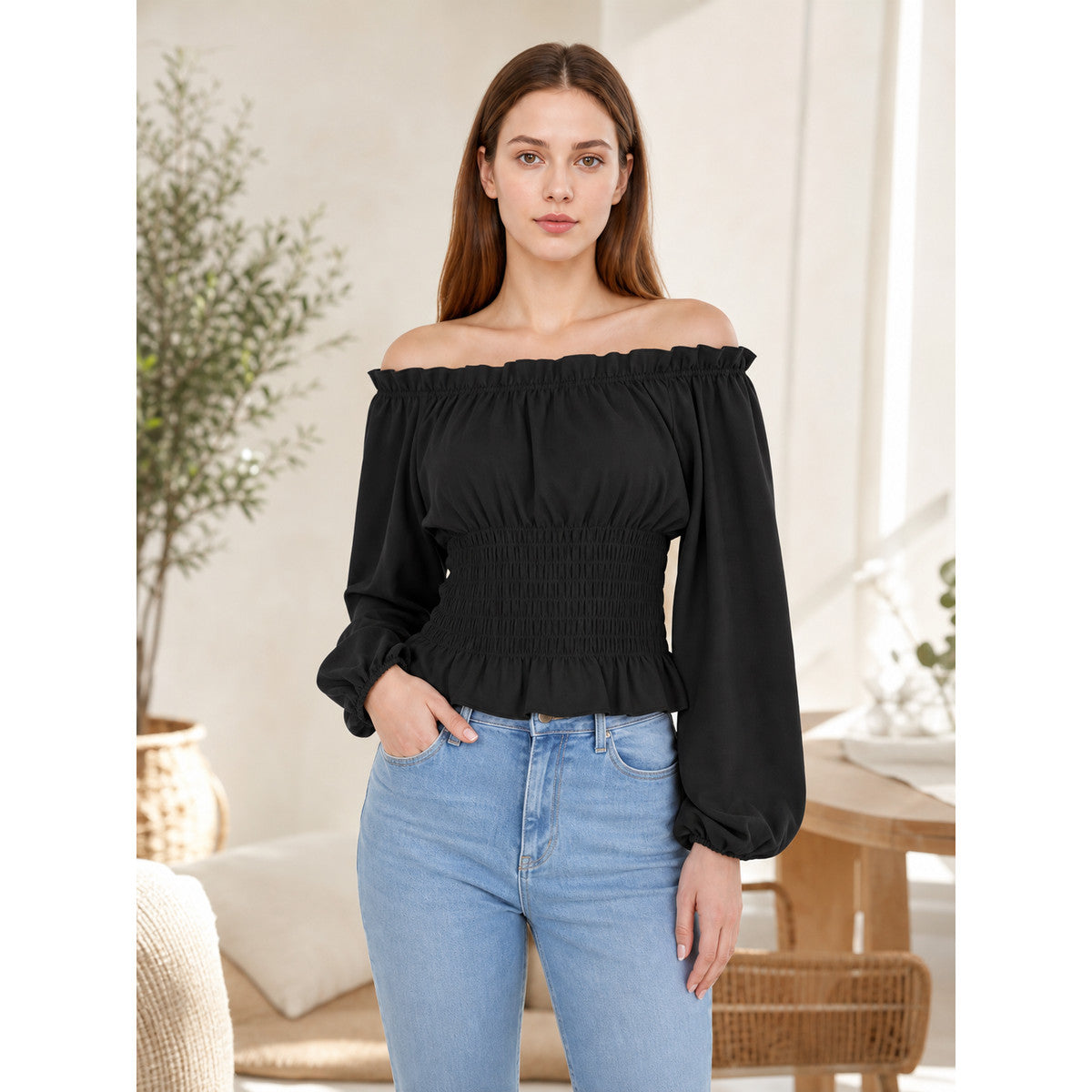 Black off-the-shoulder blouse with ruffles lifestyle view
