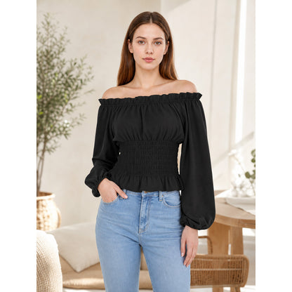 Black off-the-shoulder blouse with ruffles lifestyle view