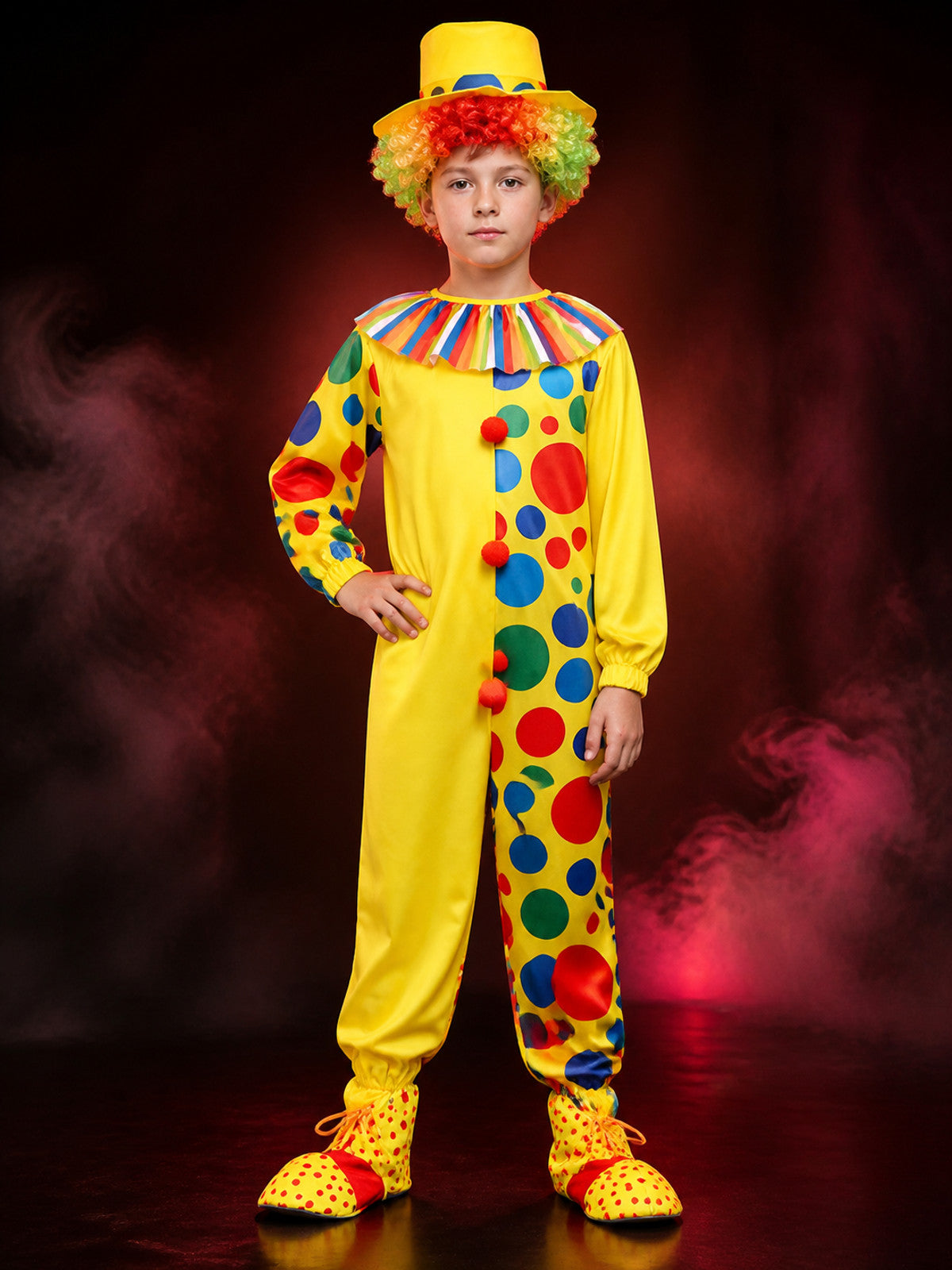 Boys' Clown Costume Set, Colorful Polka Dot Jumpsuit With Hat main product view