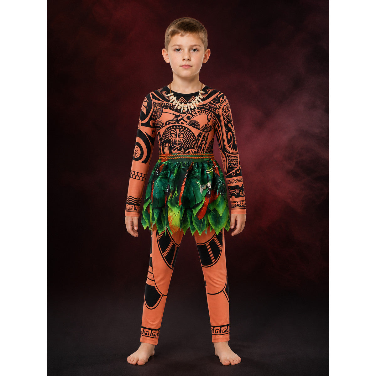 Boys' Tribal Print Bodysuit Costume Set with Leaf Skirt and Necklace main product view