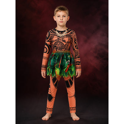 Boys' Tribal Print Bodysuit Costume Set with Leaf Skirt and Necklace main product view
