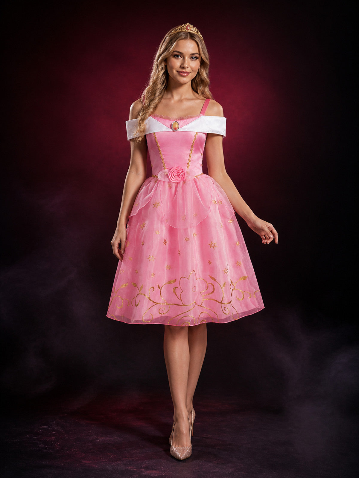 Girls Pink Princess Dress with Rose and Gold Embellishments, White Lace Collar main product view