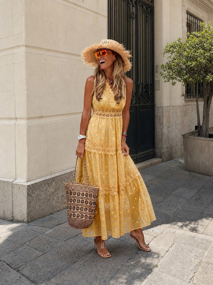 Yellow Women's Sleeveless V-Neck Dress Costume Dresses detail