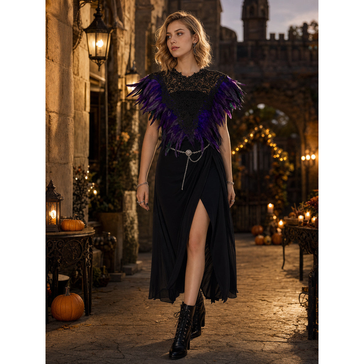Black Lace Capelet with Purple Layered Feather Trim and Draped Floral Lace for Stage Performance Cosplay Role Play Costume Accessory