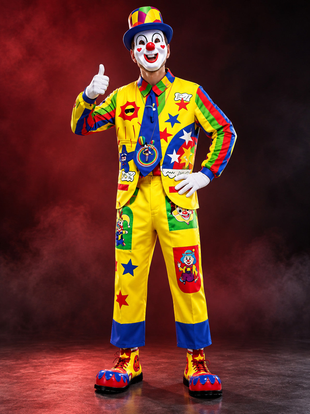 Bright Yellow Clown Costume with Mask, Vest, and Bow Tie
