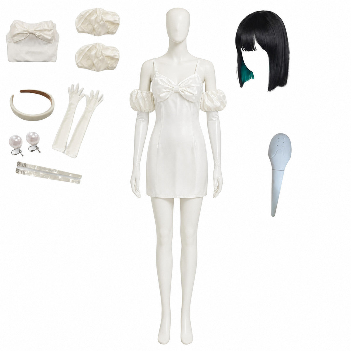 White Cosplay Costume with Bow and Wig Costume Wigs detail