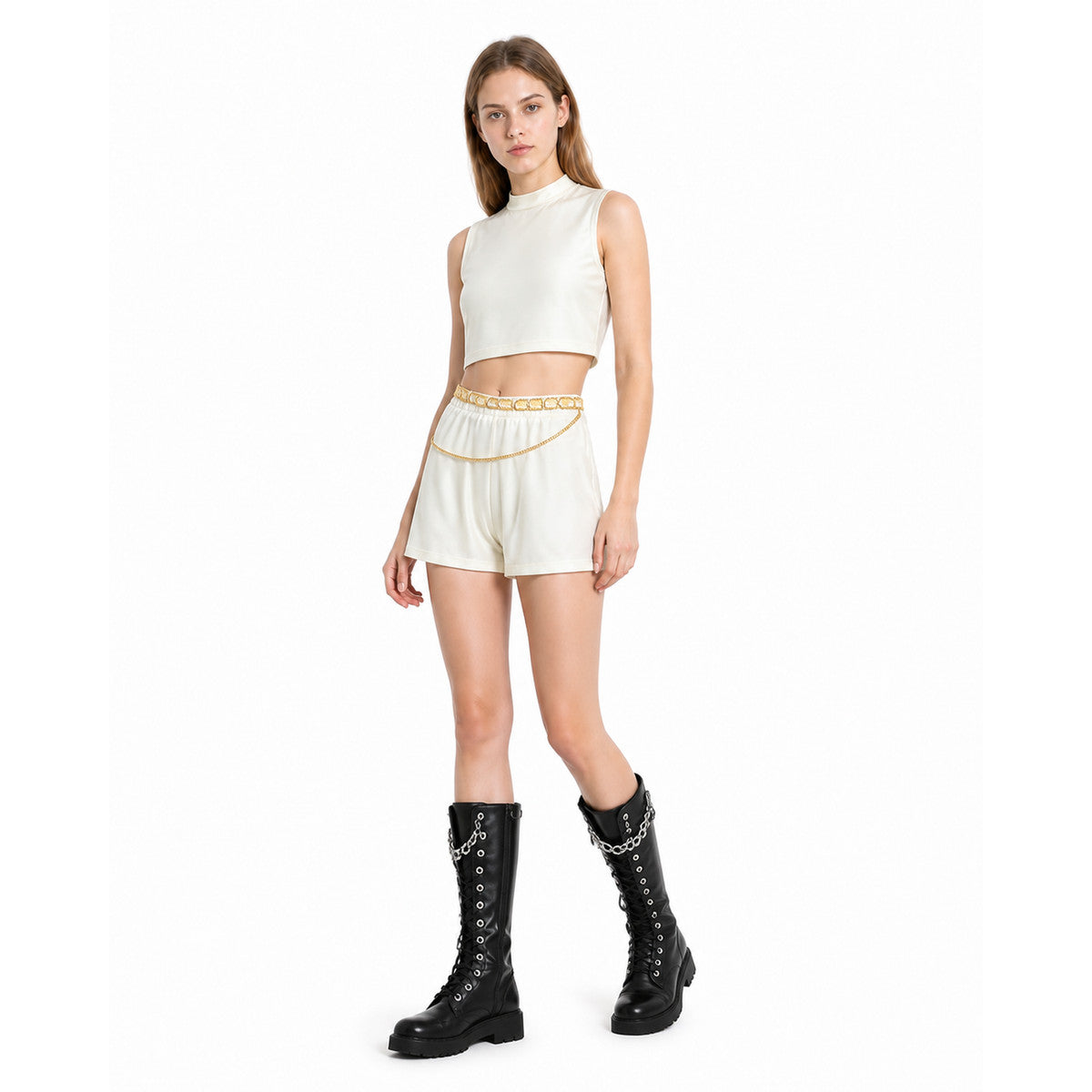 White Children's Set: Top and Shorts with Gold Waistband lifestyle view