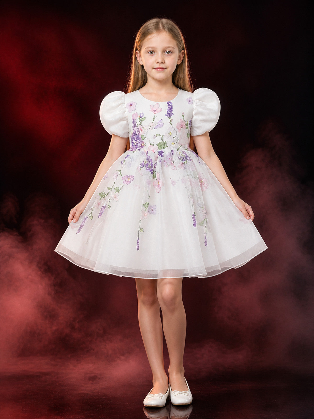 Toddler Girls' Floral Princess Dress, White Puff Sleeve Tulle Costume main product view