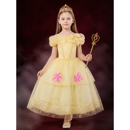Girls Yellow Princess Dress Costume with Crown & Magic Wand, Layered Tulle for lifestyle