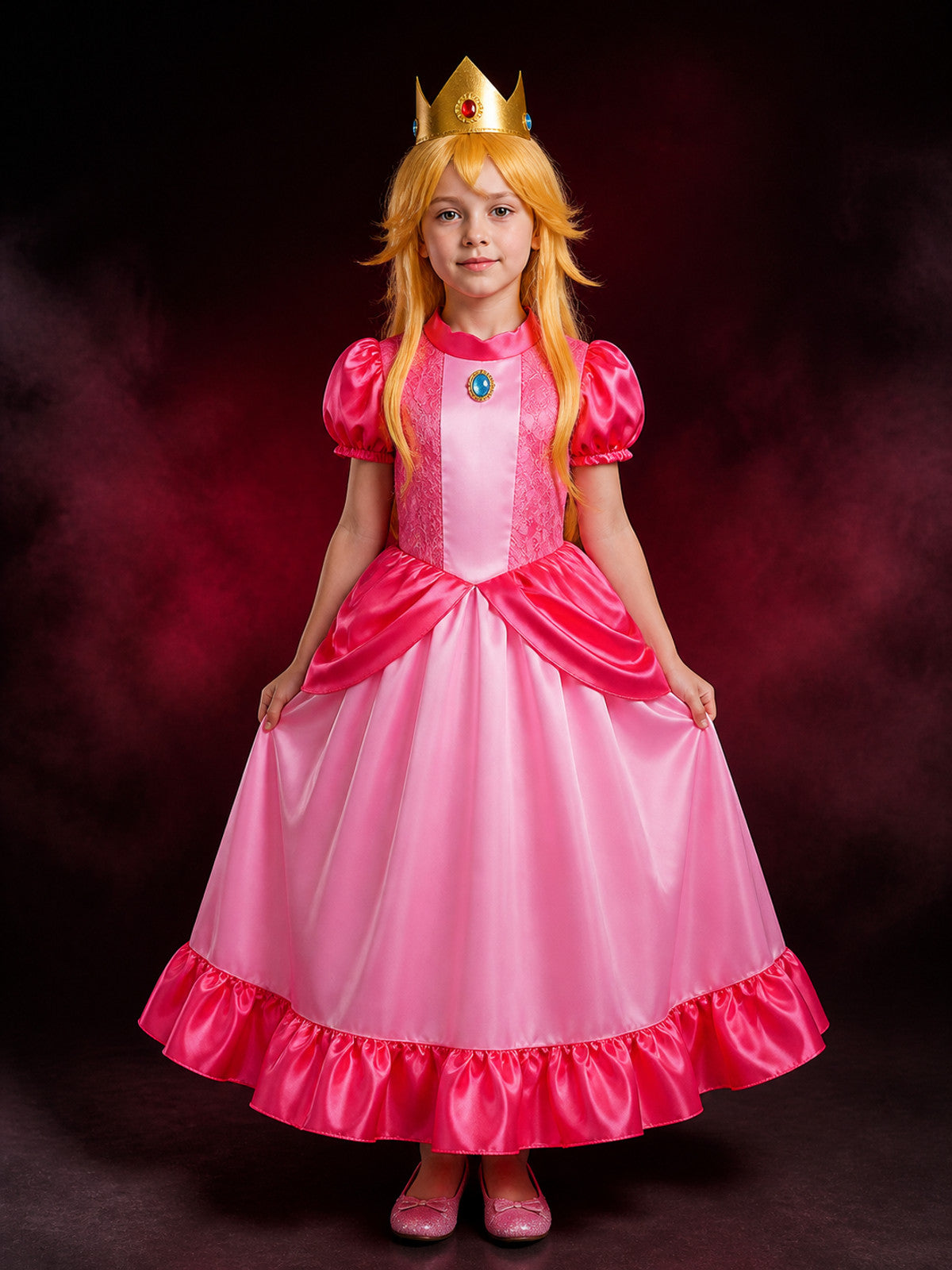 Kids Girls Pink Princess Costume Dress with Crown & Wig, Lace Ball Gown for