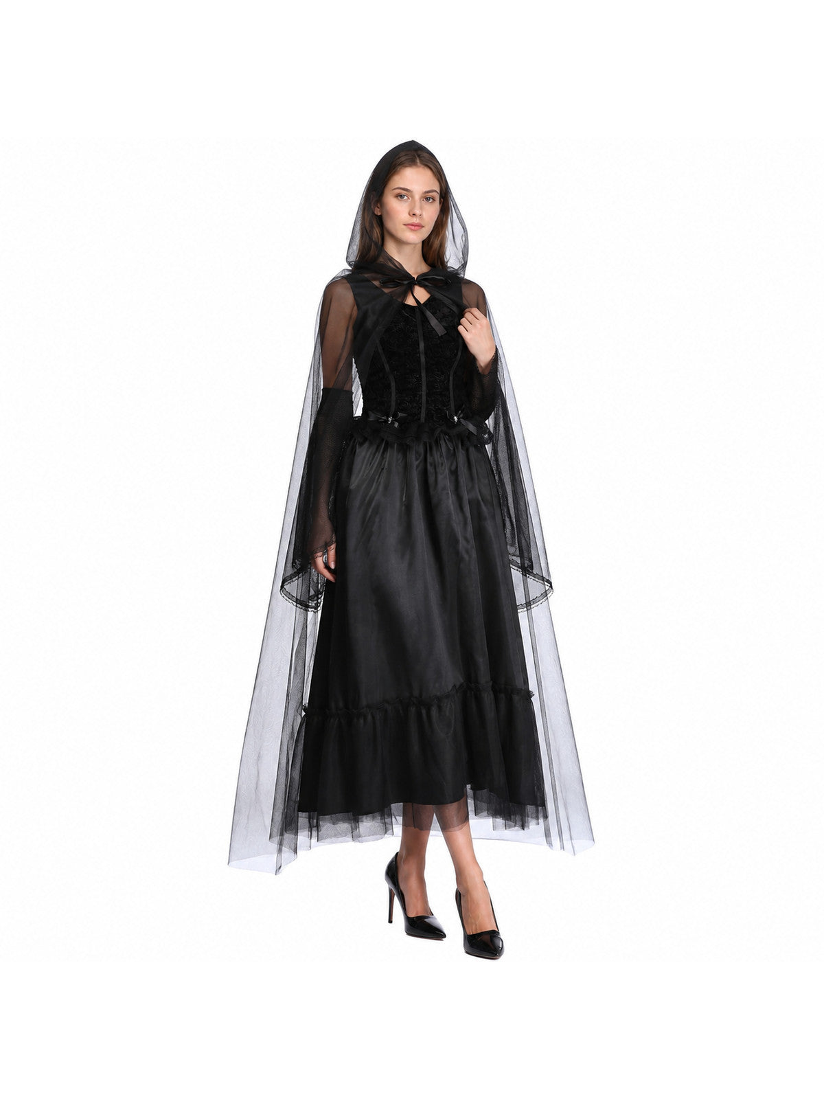 Black Long Dress with Cape for Halloween