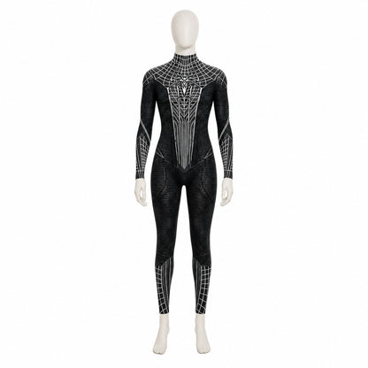 Black and White Spider Jumpsuit with Web Pattern for Cosplay Costumes detail