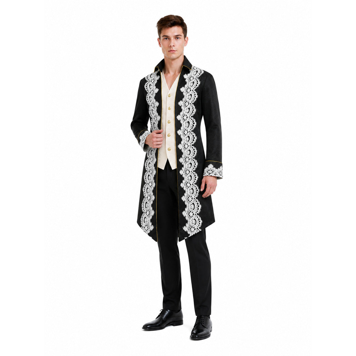Longline tailcoat with lace and gold buttons