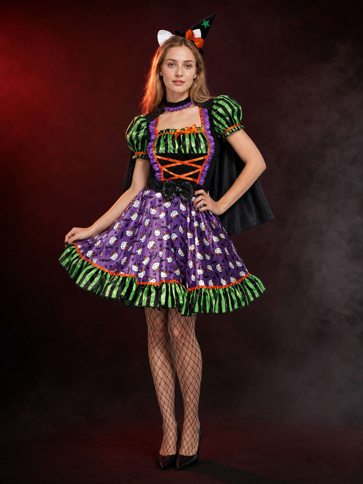 Women's Witch Costume Set with Cape and Hat, Purple Ghost Print Dress for