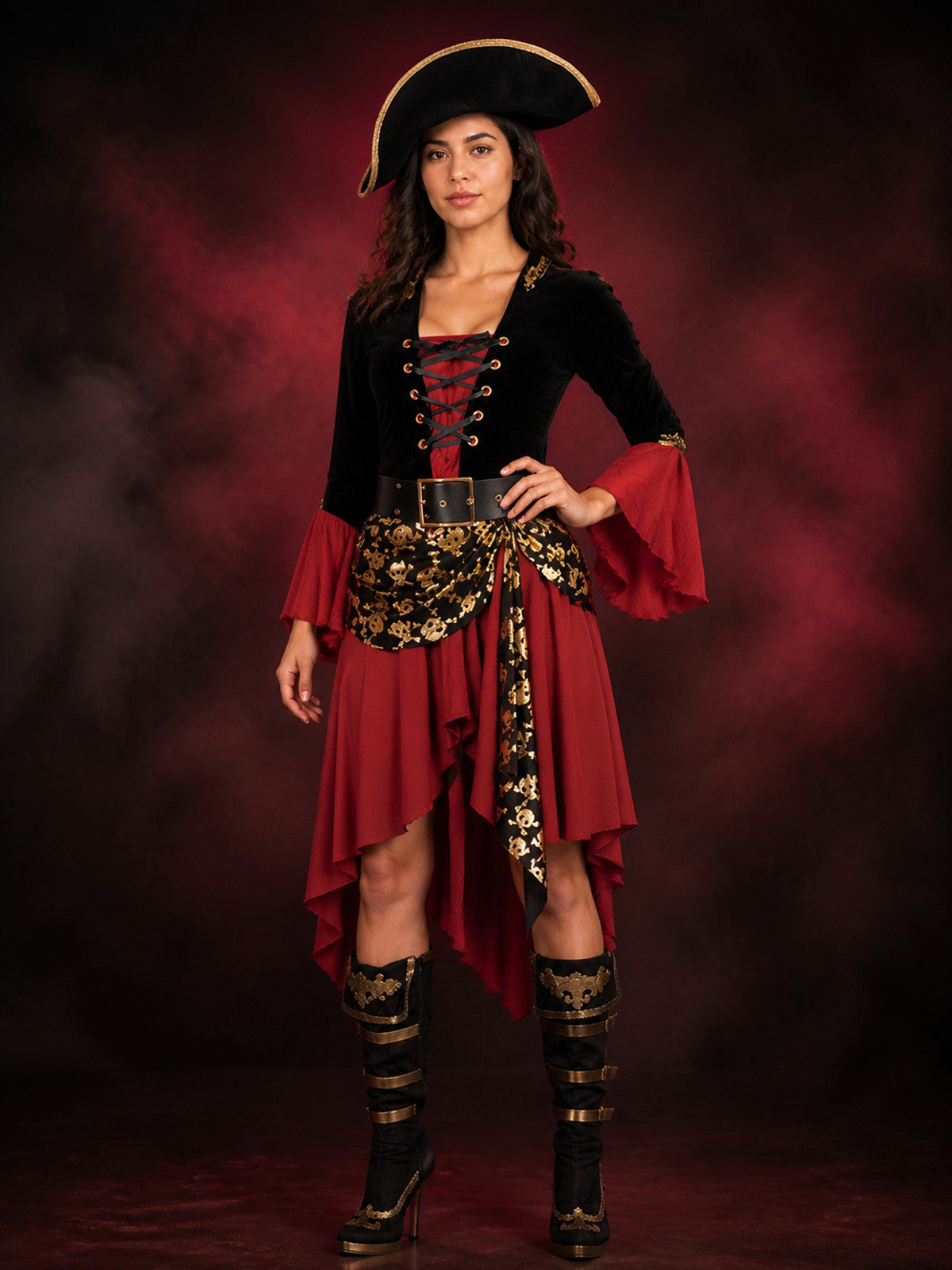 Women's Red and Black Pirate Halloween Costume Set, Lace-Up Top with Skull Print main product view