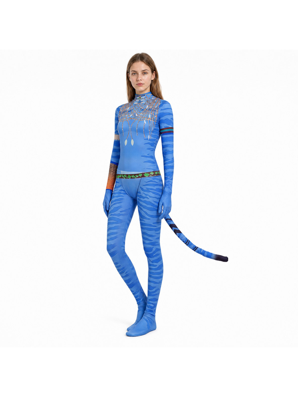 Cosplay jumpsuit with tail and high collar