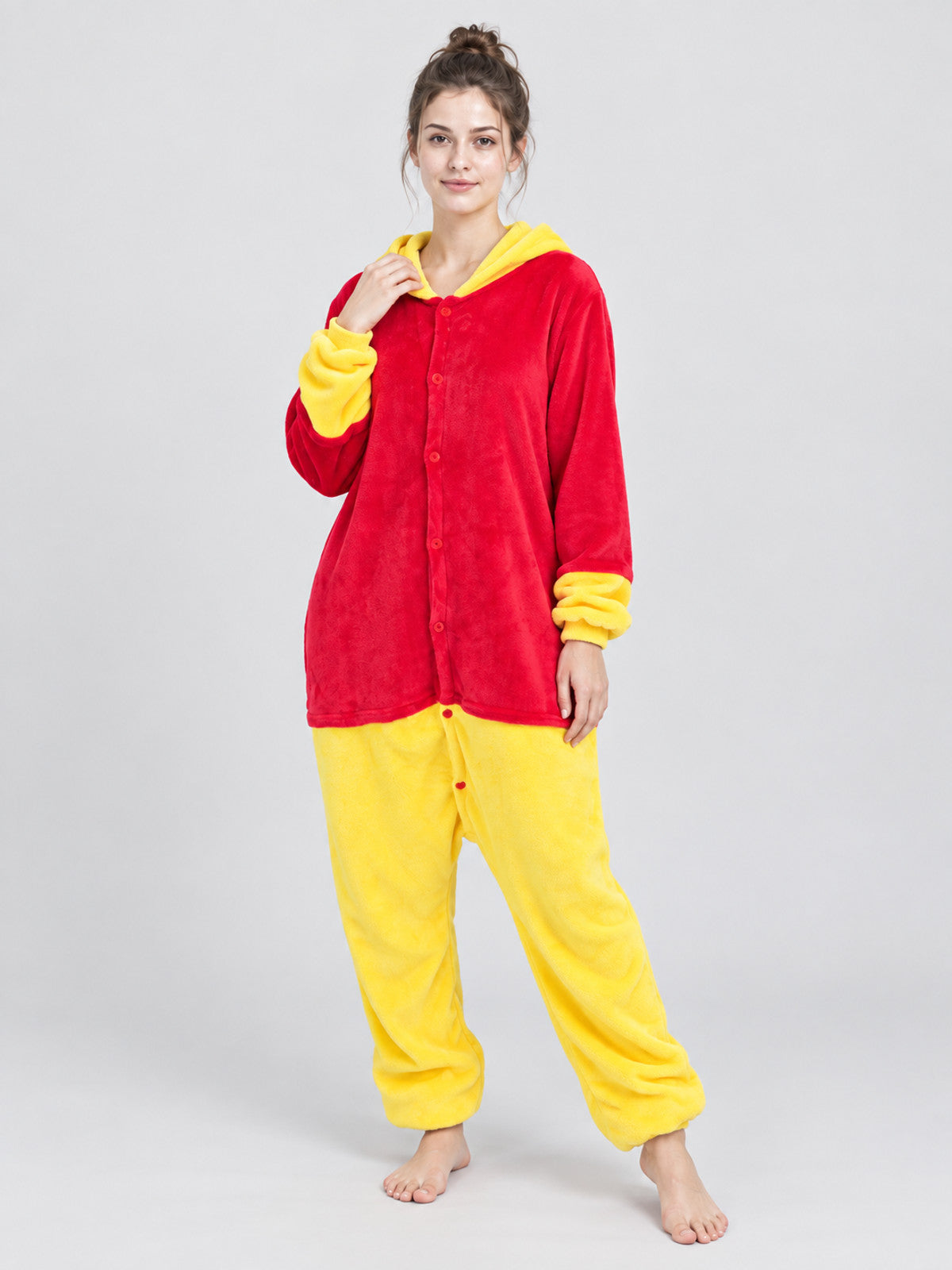 Flannel Hooded Pajama Jumpsuit Red and Yellow