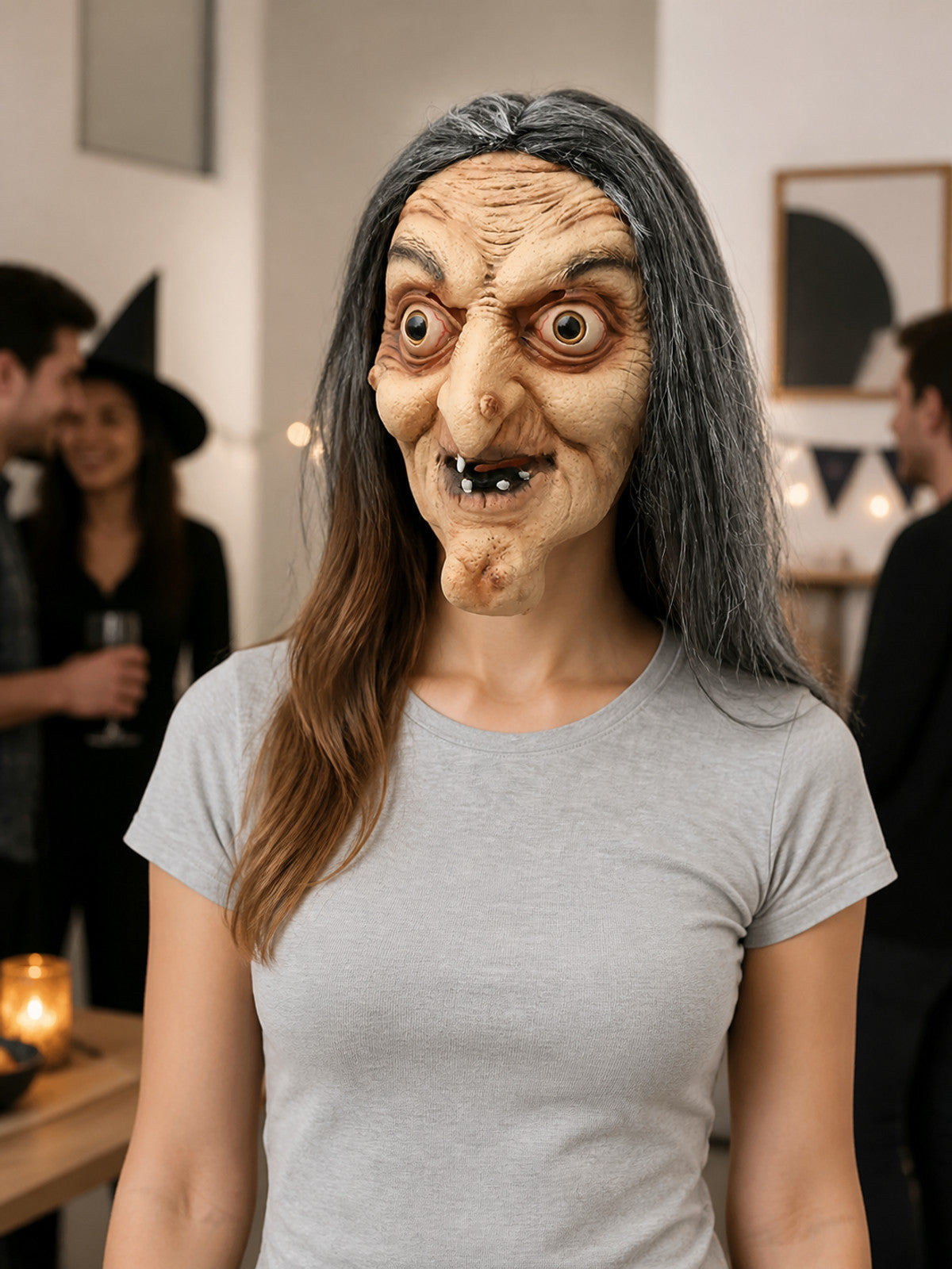 Scary Carnival Witch Mask with Long Hair