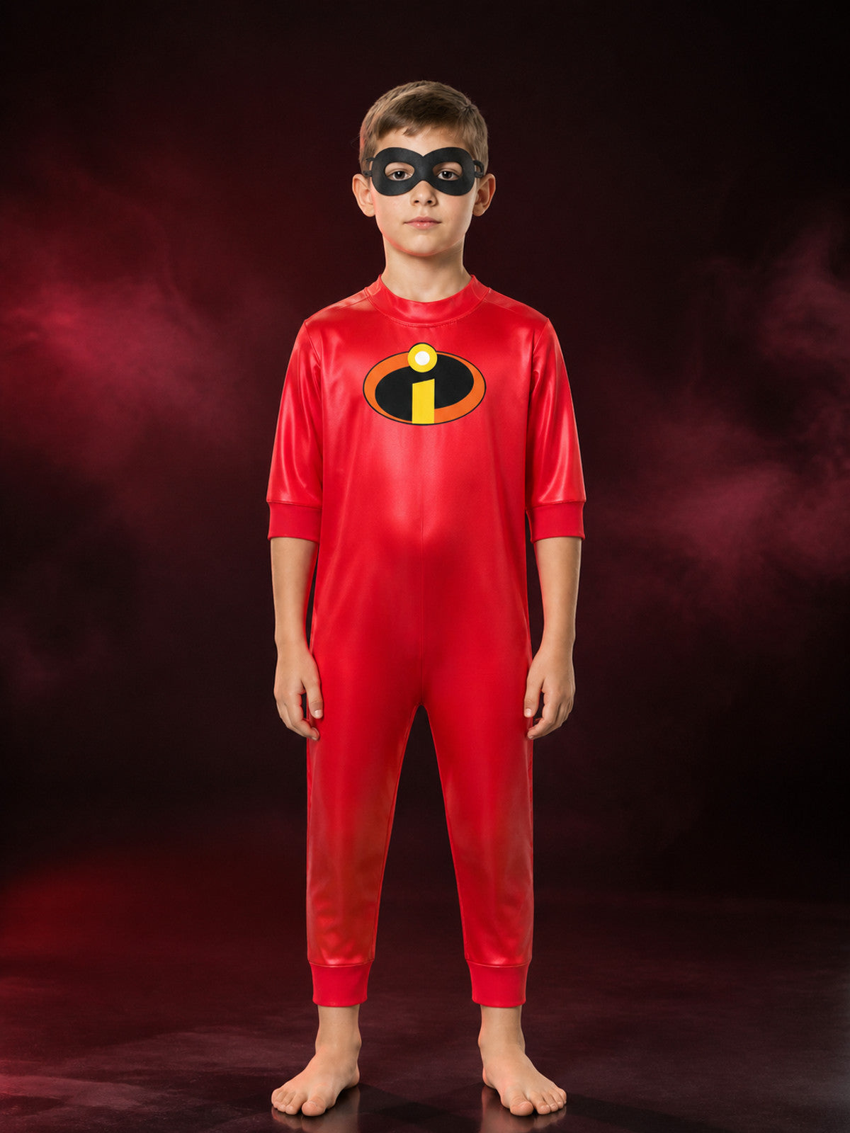 Kids Superhero Costume Set, Red Long Sleeve Jumpsuit with Black Eye Mask and