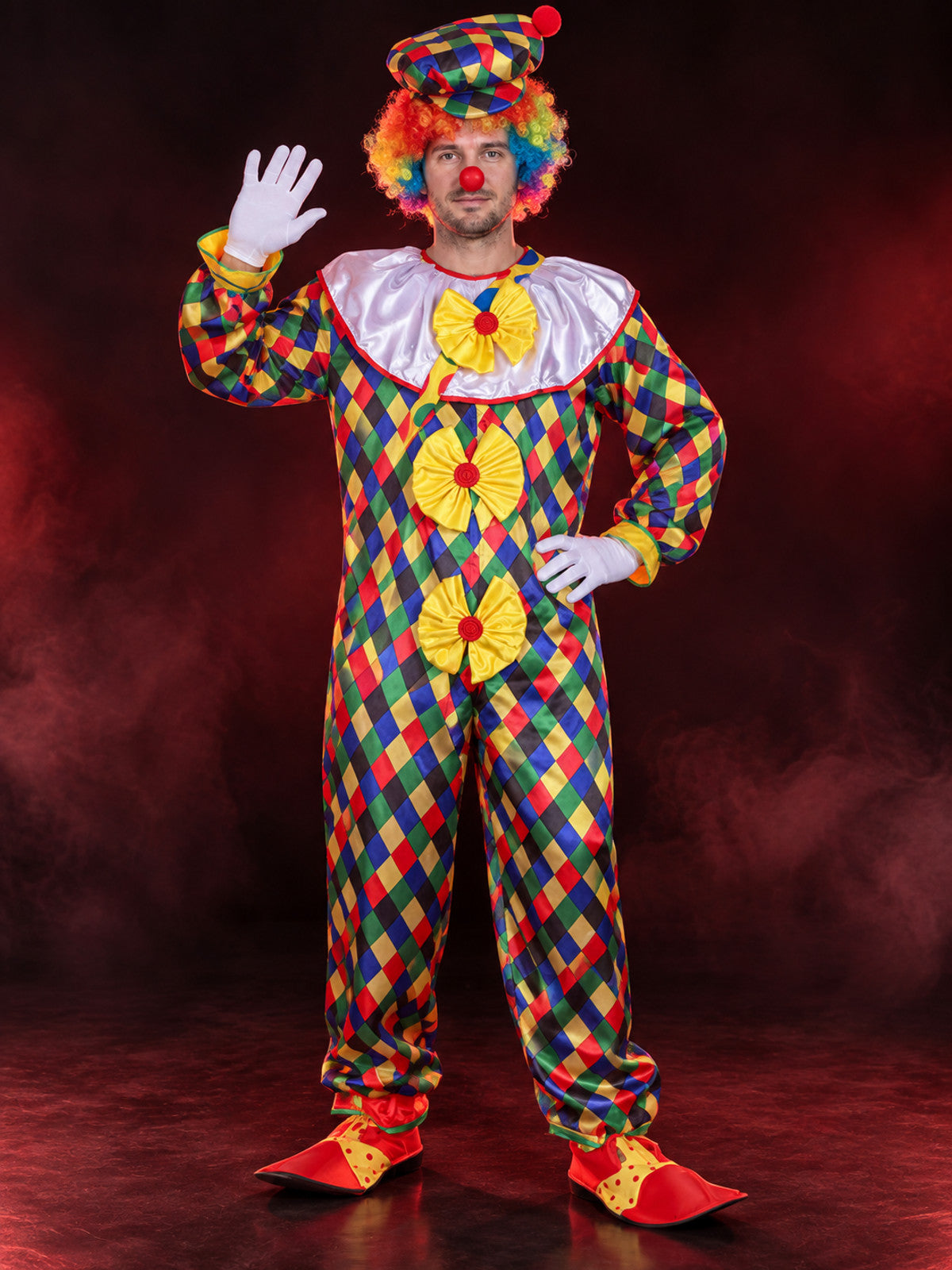 Clown Costume with Fluffy Collar, Hat, and Bows