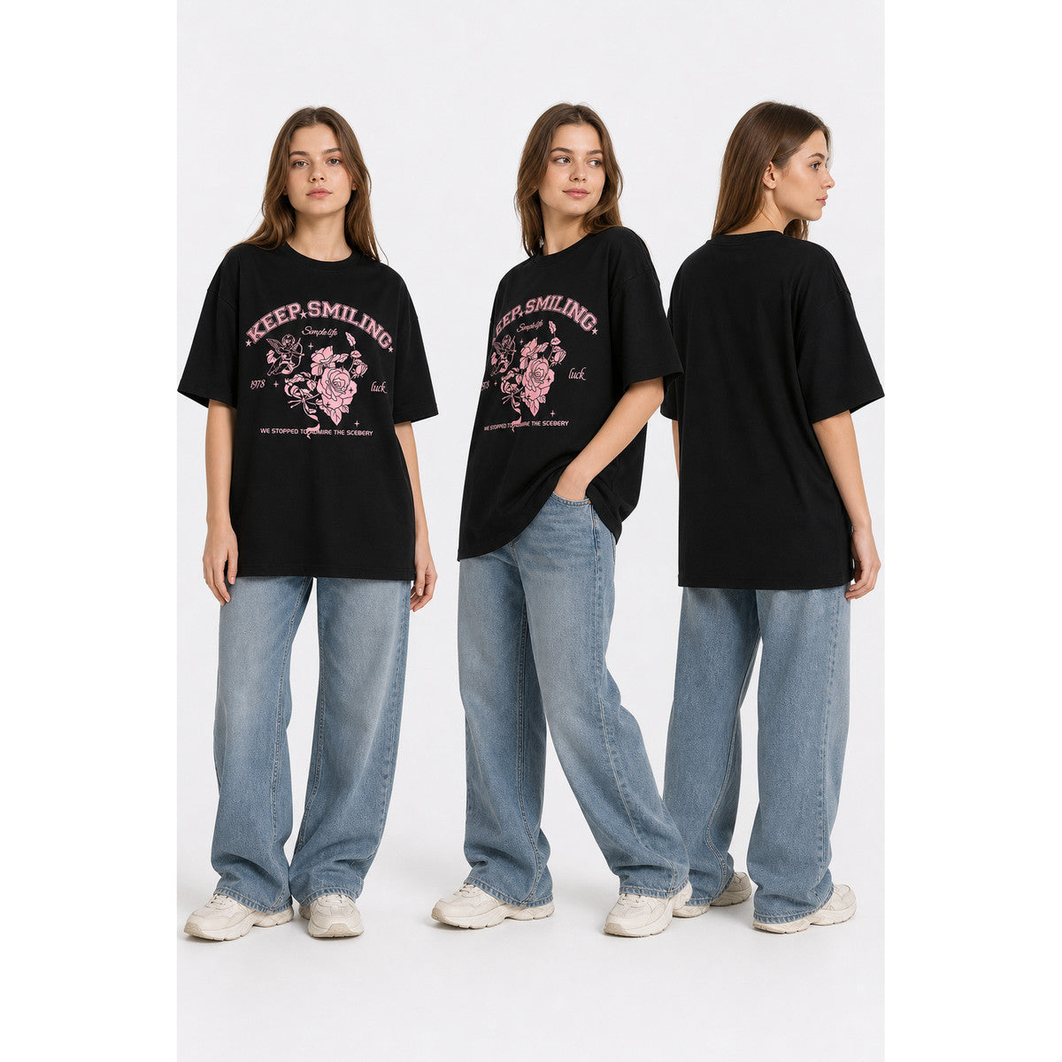 Women's black T-shirt with rose and angel print, loose fit lifestyle view