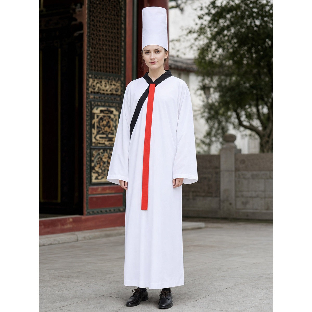 Chinese-style zombie costume with a white hat lifestyle