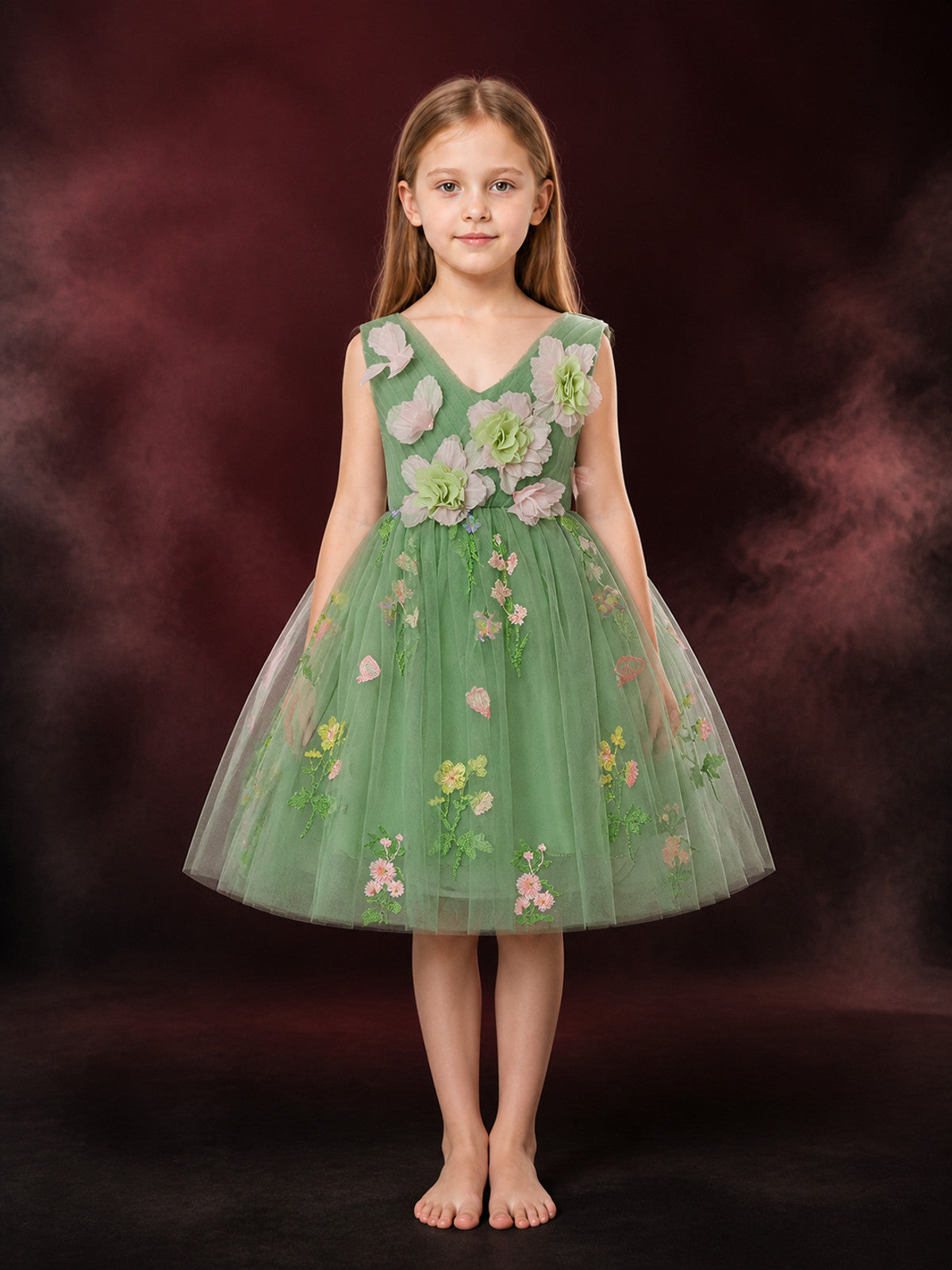 Toddler Girls' Princess Dress, Sleeveless Green Tulle Puff Skirt With Floral