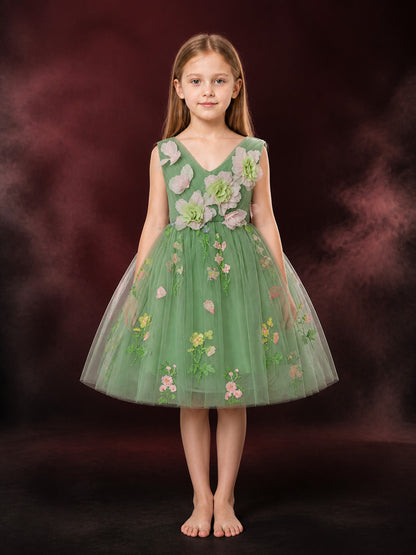 Toddler Girls' Princess Dress, Sleeveless Green Tulle Puff Skirt With Floral