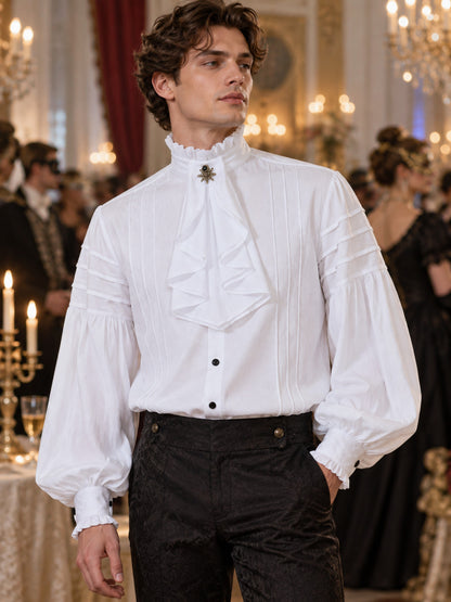 White shirt with a high collar, ruffles, and a brooch