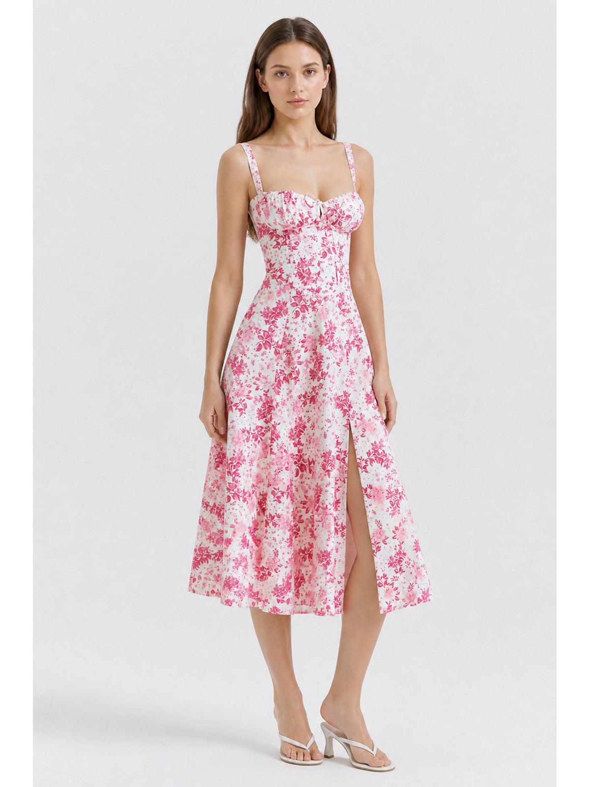 Strappy Dress with Floral Print and Ruching