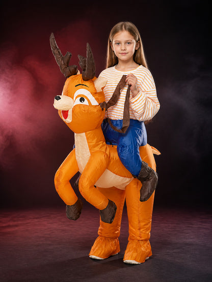 Unisex Inflatable Reindeer Costume with Blue Saddle and Brown Antlers for