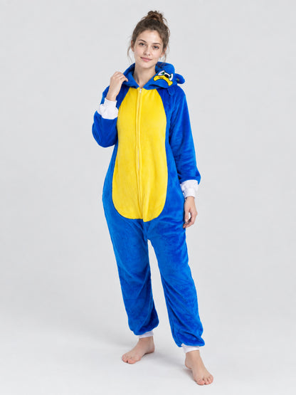 Blue Hooded Pajama Jumpsuit with Yellow Insert